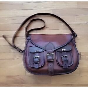Vintage Distressed Brown Genuine Leather Crossbody Saddlebag Boho Hippie Western